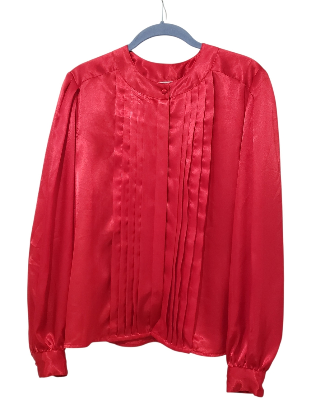 VTG AMANDA SMITH Red Satin Tuxedo Pleat Button-Down Blouse Top | 10 Medium